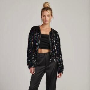 NWOT 12th Tribe Ozzy Black Multicolor Sequin Bomber Jacket Women’s Small